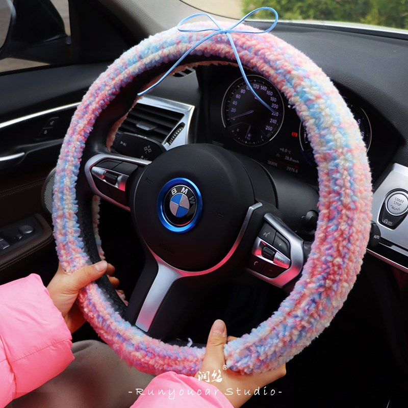 奶粉蝴蝶结格子羊羔绒 甜欲感女生方向盘套model3缤果好猫et5海鸥