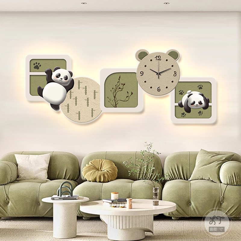 奶油风客厅装饰画带表灯画沙发背景墙F挂画熊猫挂钟时钟卧室床头