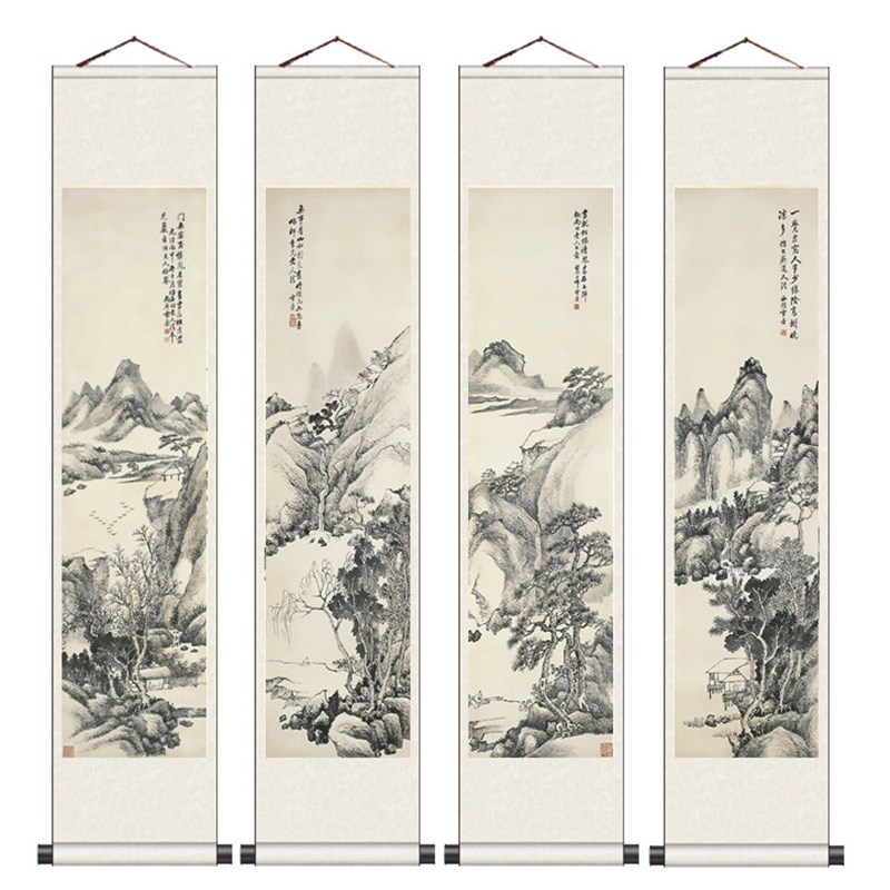 春江泛舟山水挂画书房装饰四条屏闫焕然国L画卷轴画装饰客厅丝绸