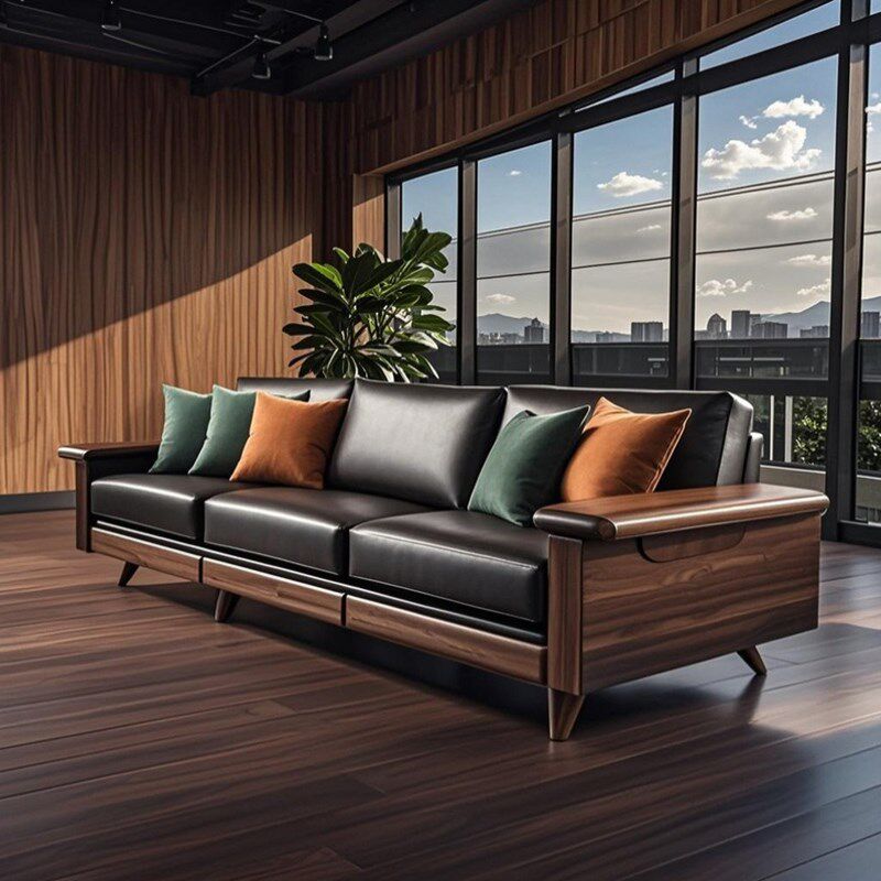 新中式真皮实木沙发现代简约覆古直排沙发北美黑胡桃木家具可定制