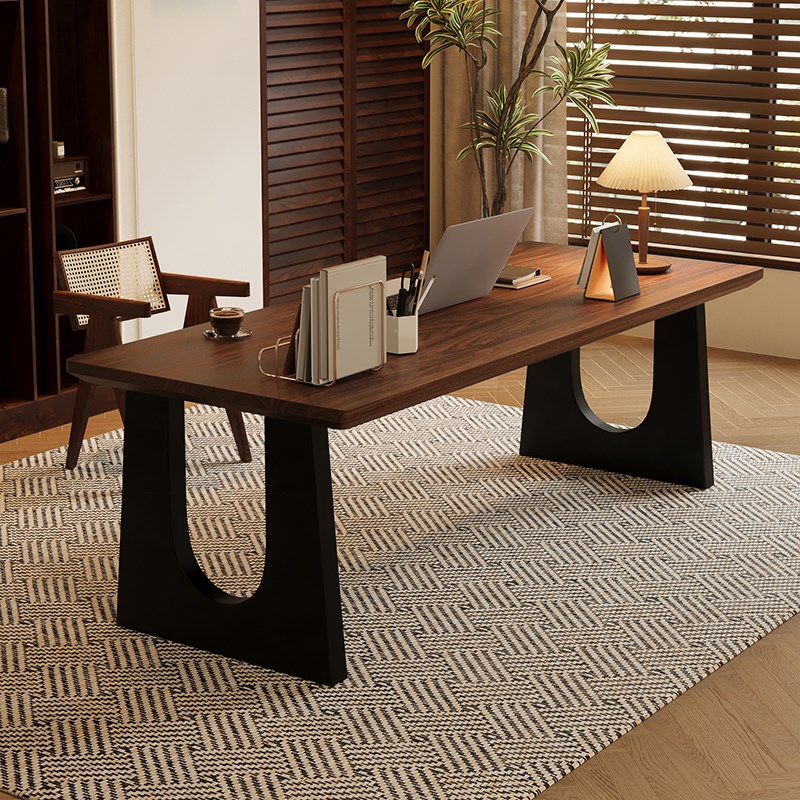 实木下斜边半岛书桌胡桃木色客厅原木大长桌子Q餐桌工作台电脑桌