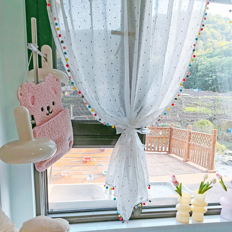 多巴胺甜妹风阳台窗帘半帘糖果色彩球飘窗短帘自粘式卧室氛围感