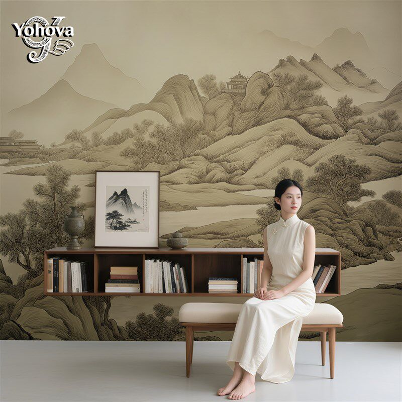 中式壁画 画书房壁布水墨壁纸山水风景墙布客厅壁纸高端定制墙壁