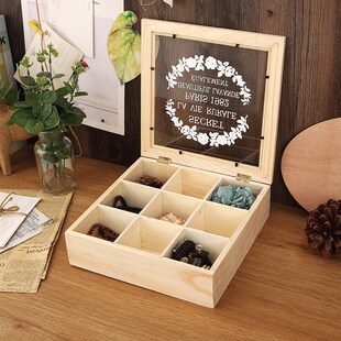 木质9宫格松木盒子正方形亚克力分格串珠首饰杂物桌面收纳盒带盖