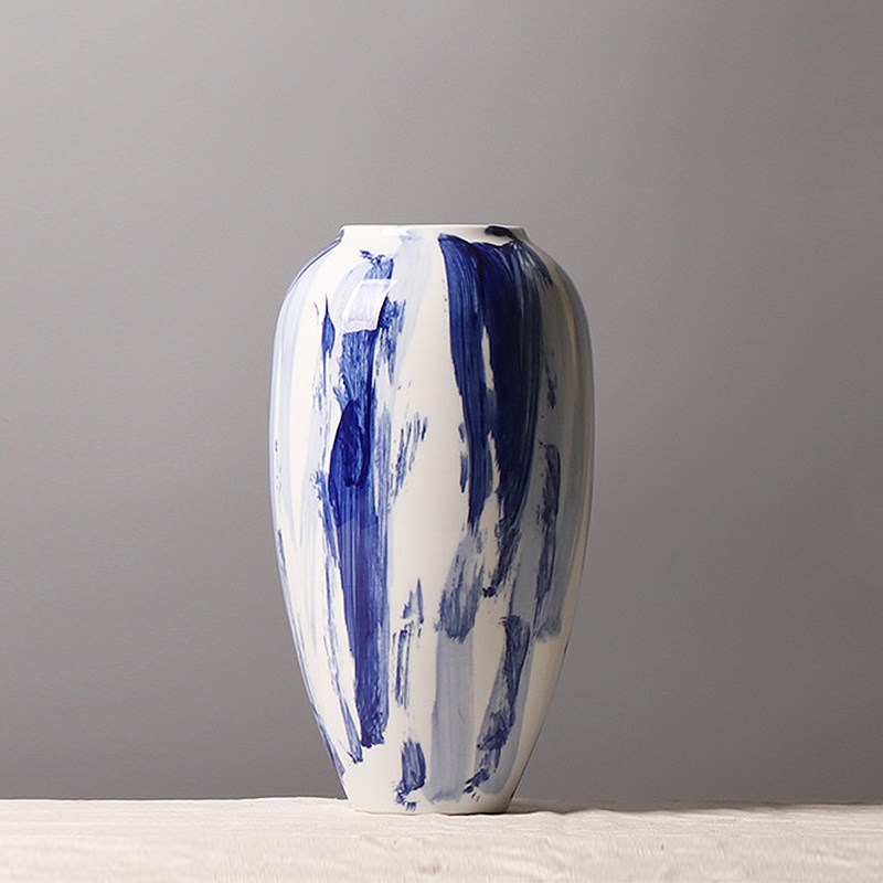 现代简约新中式意境水墨风青花蓝色涂鸦陶罐花P器陶瓷花瓶装饰摆