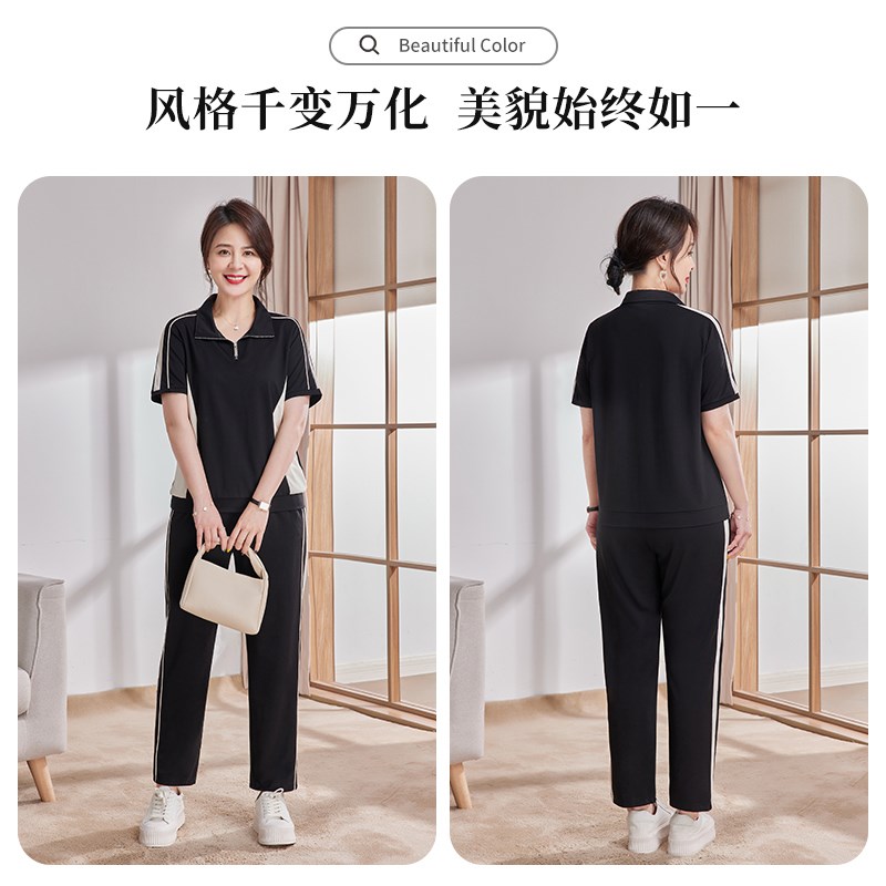 中年妈妈夏装运动服套装2024新款洋气中老年女休闲T恤时尚两件套