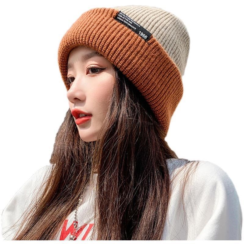 新品网红帽子毛线帽女秋冬韩版百搭潮素颜车标贴保暖冷帽大头围毛
