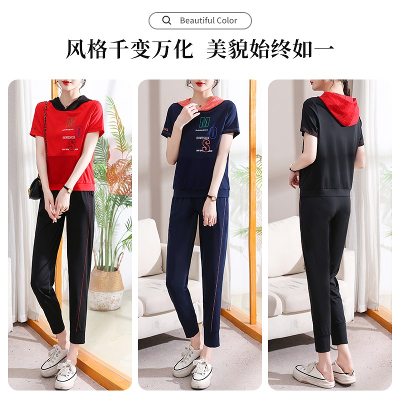 妈妈夏装运动服套装新款时尚休闲中老年女夏季短款连帽T恤两件套