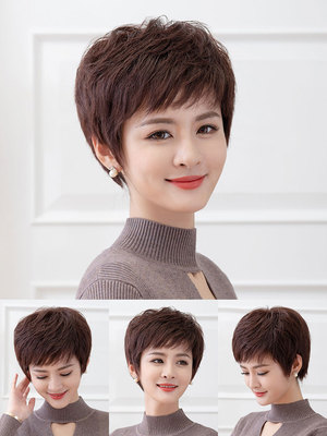 新假发女短发全头套造型纹理烫全手织真人发丝斜刘海假发女短真发