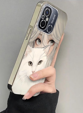 适用红米12C手机壳小米Redmi十二C12保护22120RN86C套helio高级感软g85Note全包防摔redmin电镀透明抱猫女孩
