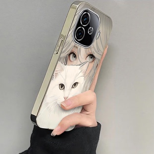 适用iQOOZ9Turbo+手机壳iQ00Z9x保护套vivoiQOOZ爱酷新款iQOO系列专用外壳电镀抱猫女孩全包防摔iCOOZ十iPOOZ