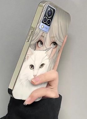 适用vivoS9手机壳V2072A套vivo新款S9E外壳vovos新品电镀抱猫女孩viovs步步高维沃viv0vo全包vos防摔vicos是