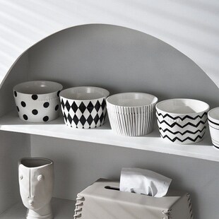 ins风几何f图案黑白碗具陶瓷米饭碗家用餐具赫本风珠点5件套礼盒