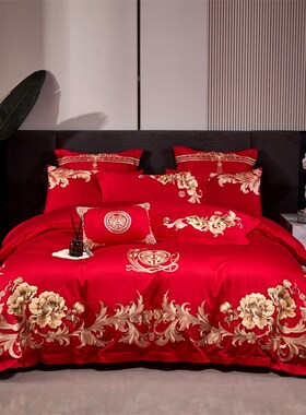 百子图龙凤刺f绣结婚四件套全棉纯棉婚庆喜被新婚房大红色床上用
