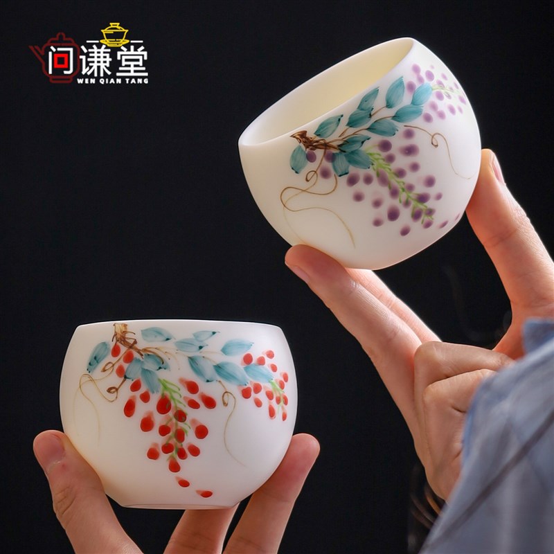 手绘素烧白瓷主人杯茶o杯喝茶小茶碗个人专用功夫茶具单杯羊脂玉