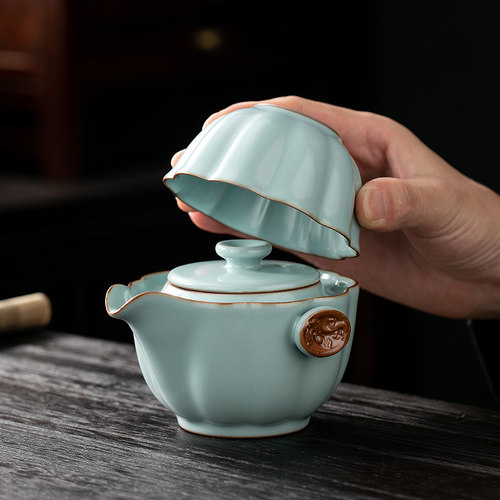 汝窑快客杯一壶一k杯单个人专用手抓泡茶壶茶杯便携式旅行茶具套