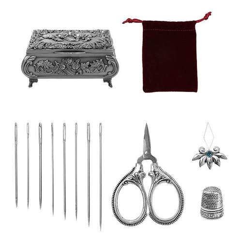 复古镂空磁吸针线盒高档精美针线剪刀套装手工缝补工具针线收纳盒