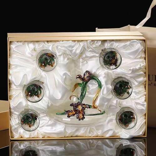 古典鸢尾珐琅彩红酒杯水晶红酒酒具套装传统家用醒酒器赠品