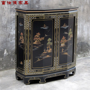 富仕侯家具 古典中式玄关柜彩绘黑漆画山水客厅储物柜子厂家批发