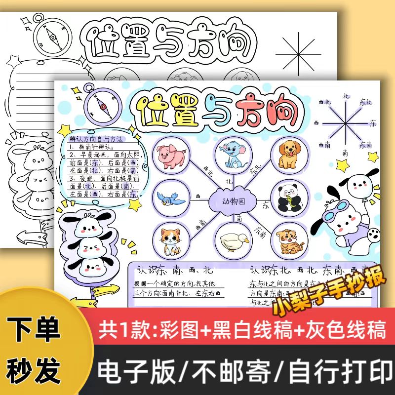 位置与方向手抄报模板电子版小学生三年级下册数学小报线稿可打印