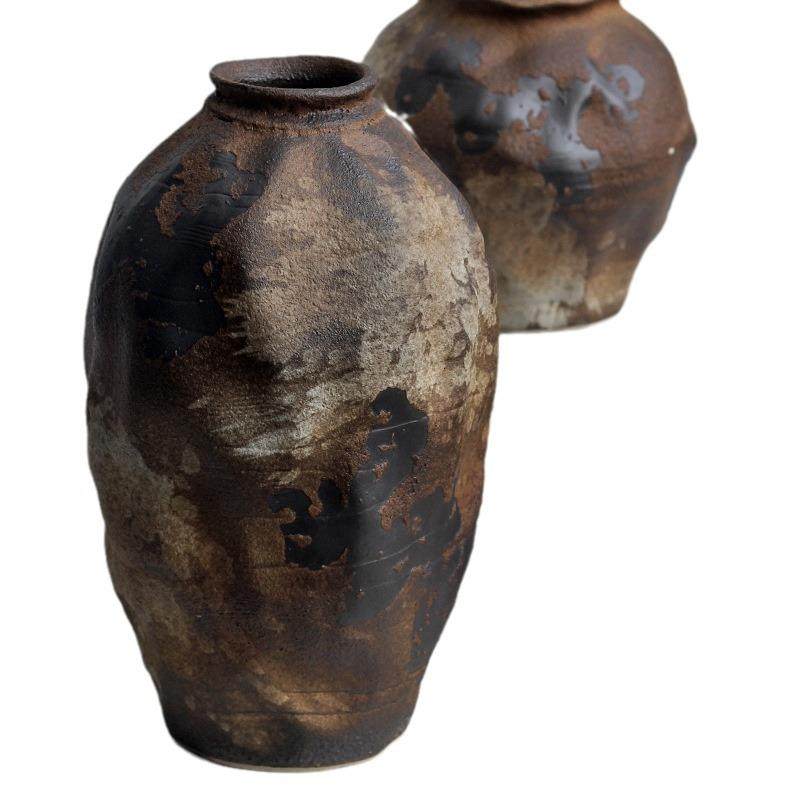 复古怀旧侘寂风民宿酒店禅意摆件做旧新中式复古陶瓷花瓶粗陶插花