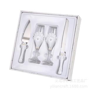 西式 婚礼酒杯四件套新郎新娘婚庆缎带珍珠设计高脚杯香槟红酒杯