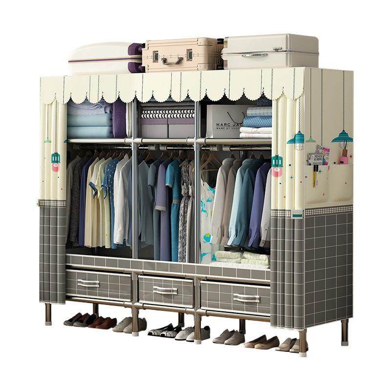 简易衣柜家用卧室布衣柜出租房用结实耐用组装全钢架加厚加粗衣橱