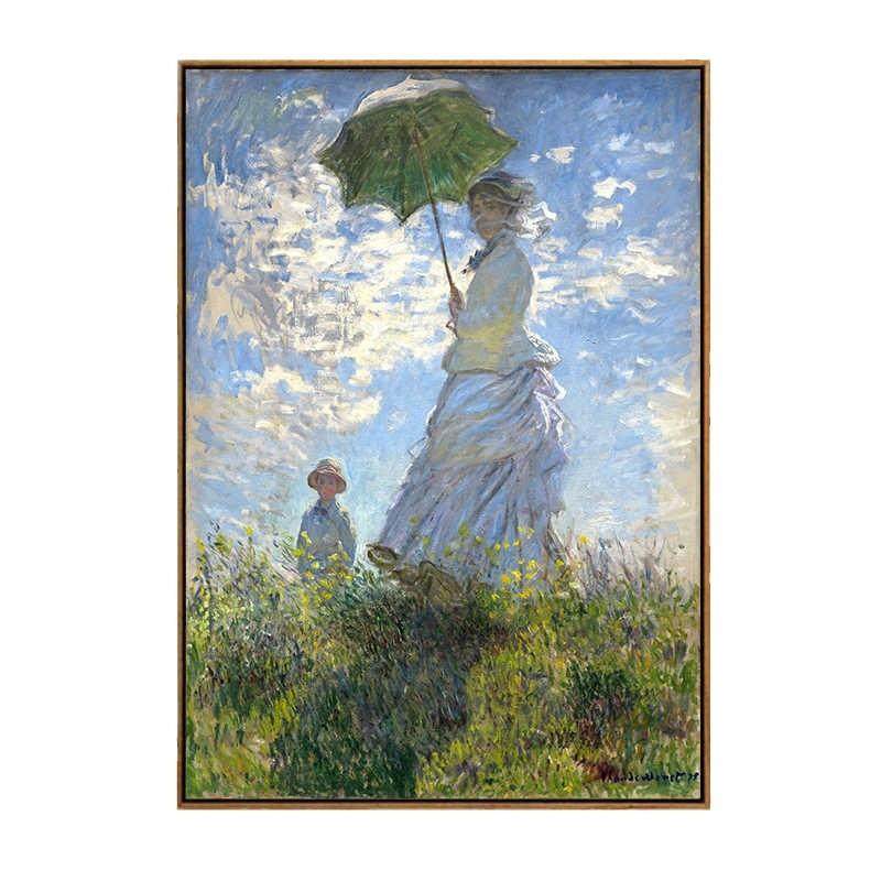 莫奈油画撑伞的女人睡莲花园日出客厅装饰画书房卧室挂画简约防水