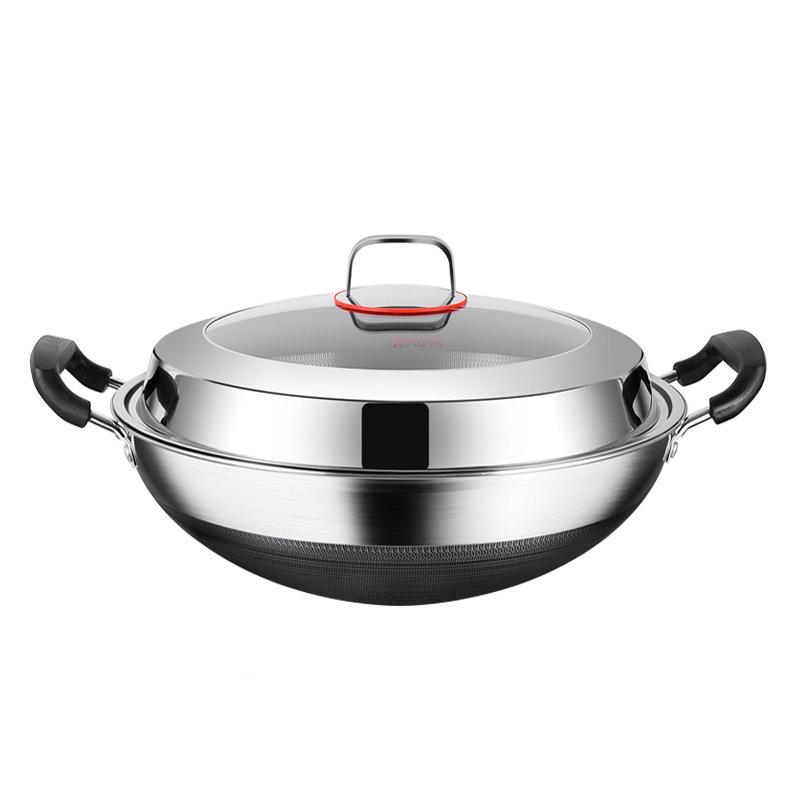 316不锈钢炒家用锅大圆底炒菜锅燃气凹面电磁炉号专用耳双不粘锅