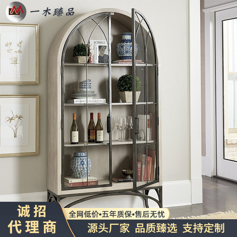 美式轻奢实木书柜玻璃门装饰柜法式复古拱形展示柜收纳轻奢风书柜