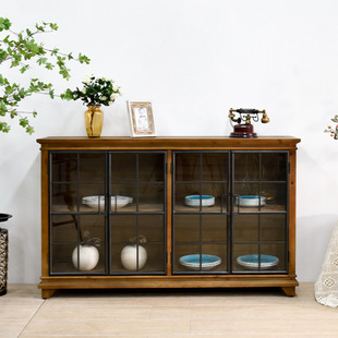 美式复古铁艺实木餐边柜工业风储物柜厨房备餐柜大容量玻璃柜家具