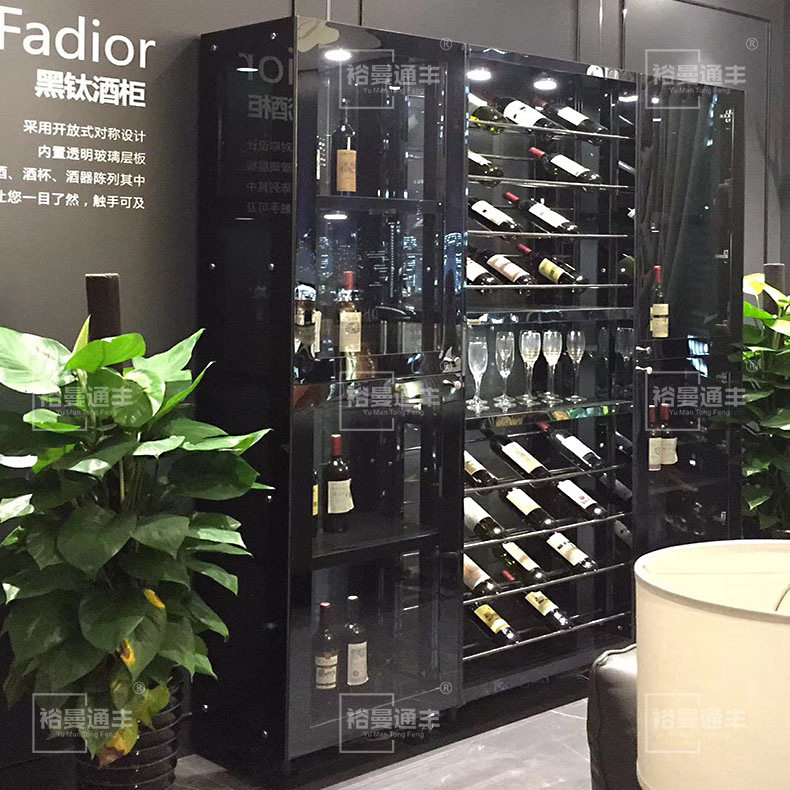 红酒柜展示架 家装现代简约轻奢靠墙黑钛金不锈钢玻璃酒柜展示柜