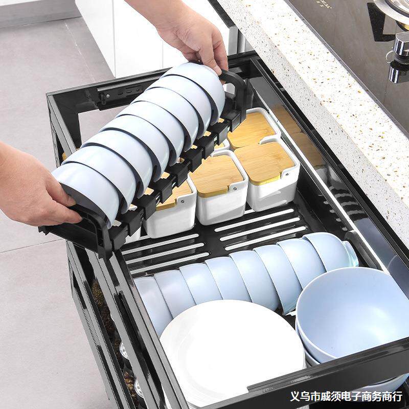 厨房橱柜阻尼抽中抽三层工具碗碟拉篮304不锈钢抽屉式调味拉蓝