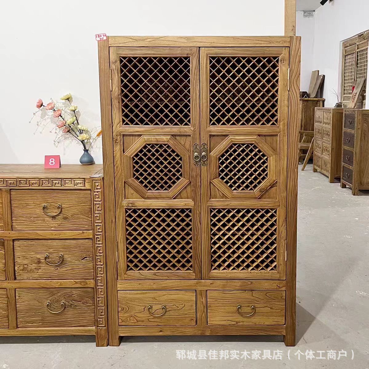 新中式实木复古做旧餐边柜镂空柜子隔断柜玄关柜三门收纳柜装饰柜