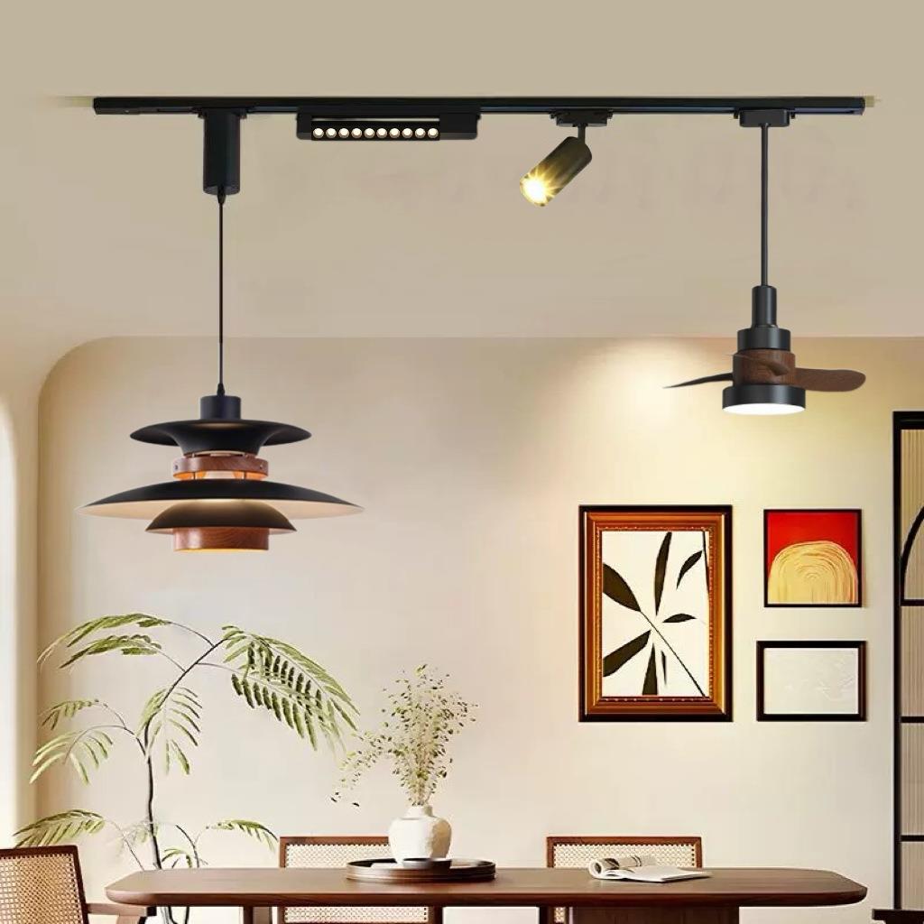 轨道电风扇餐厅吊灯可升降餐厅滑轨飞碟设计师日式复古岛台吧台灯