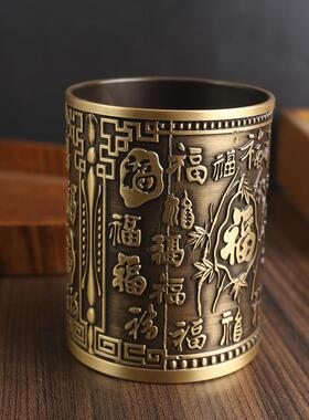 0黄铜精雕百福笔筒办公室创意桌面纯铜摆件书房金属工艺品铜器