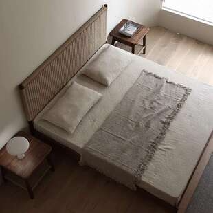 侘寂风现代简约复古民宿酒店家用卧室实木牛皮纸绳编织床藤编床