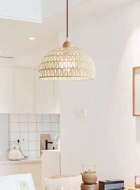 复古民宿卧室阳台藤艺麻绳灯具日式原木奶油风餐厅简约吧台小吊灯