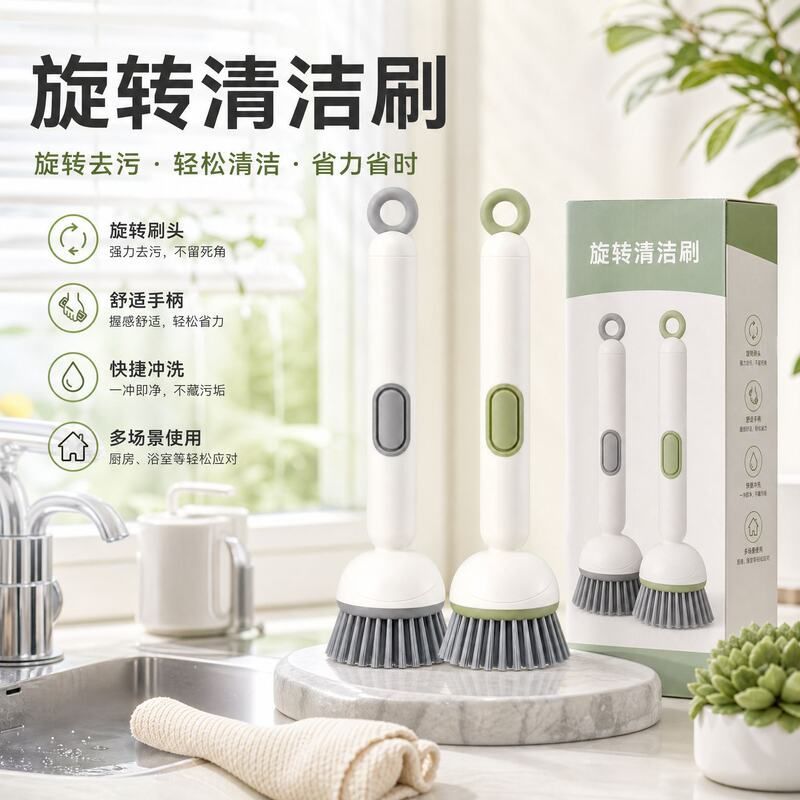 厨房长柄旋转锅刷可调节不伤锅清钢丝球/钢丝刷