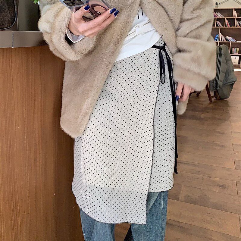 港风高级感一片式波点半身裙女早春复H古不规则叠穿显瘦绑带短裙