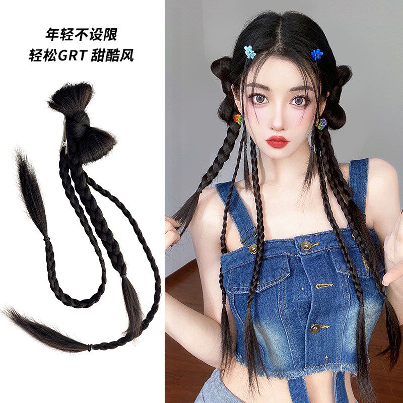 速发尾发辫子马假新中式千禧辣妹蝴蝶结拳击双马发古风编尾麻花辫