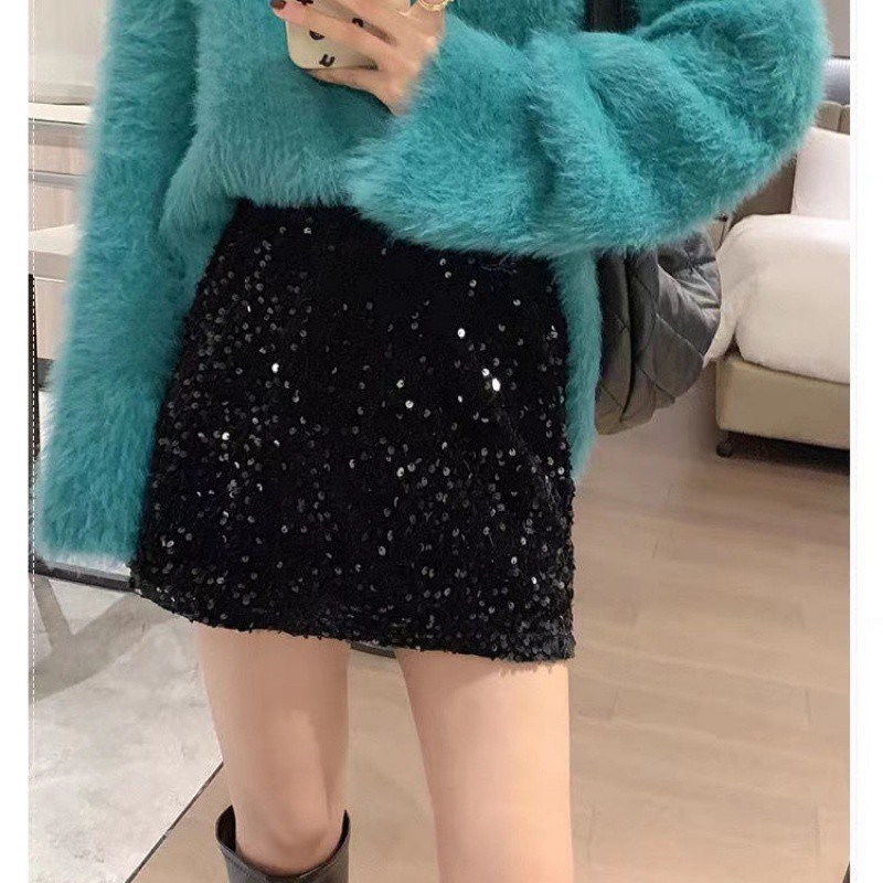 速发亮片丝绒半身裙2025新款韩版松紧闪黑色短裙a字腰裙亮裙子