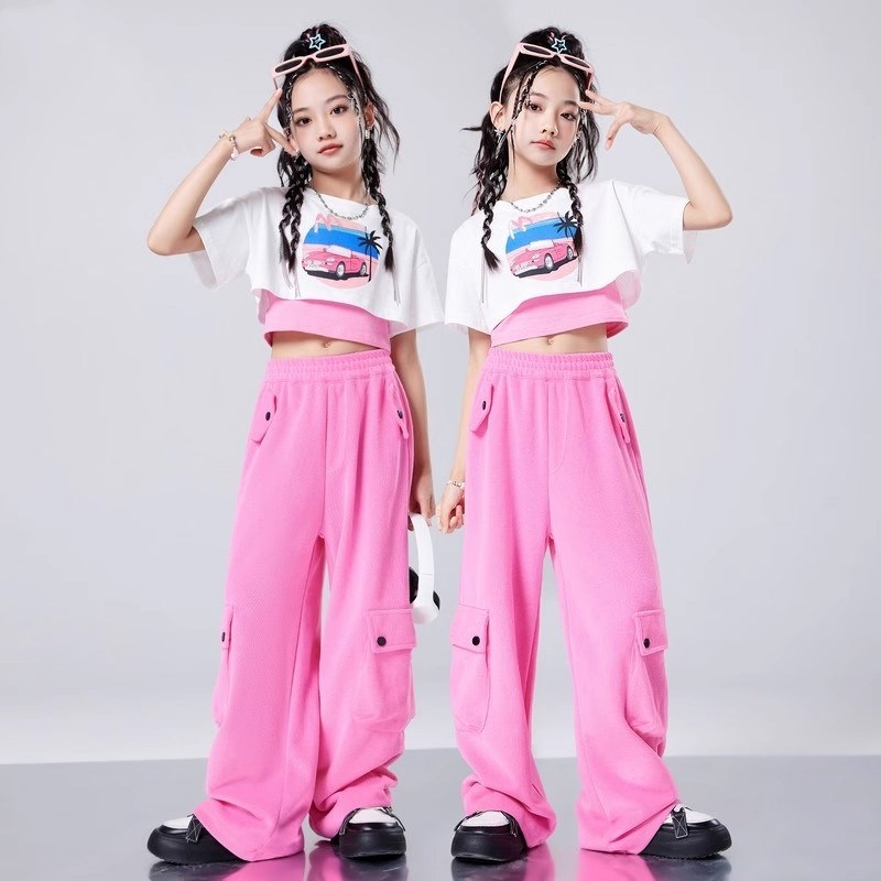 速发爵士舞孩服装嘻哈套装印花露脐练功服街舞少出演azzj儿潮服