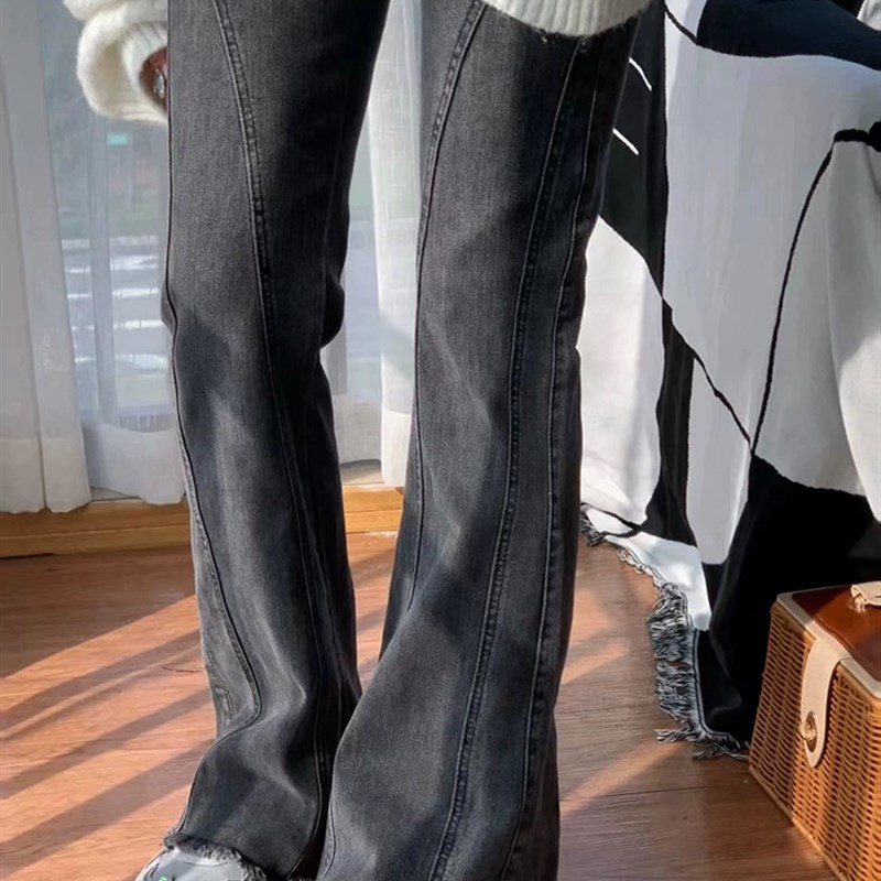 速发黑灰色毛边微喇牛仔裤码秋新款复古大春胖妹妹高腰弹力长裤