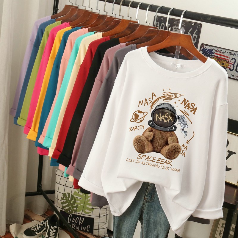 速发设装感小众t恤长袖宽松秋计百搭大码204斤纯棉上衣