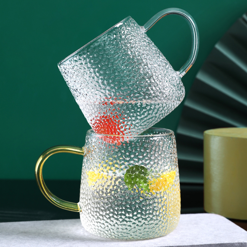 速发锤纹玻璃杯把手耐热防爆带茶杯套用水子喝杯浮雕水杯家装