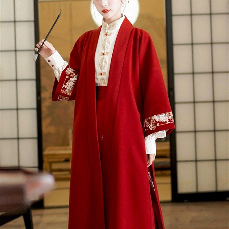 速发马面裙外套秋冬古风对襟长衫搭风外国开衫改良汉服长呢大衣中