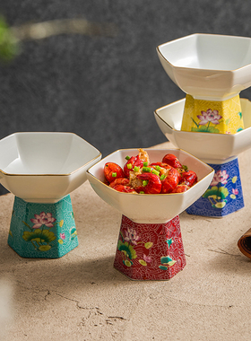 速发优格彩陶瓷高脚碗家用宫精风甜品廷商用创意碗致餐具六角碟子