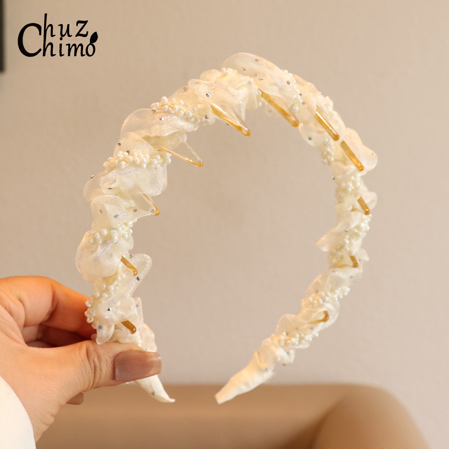 初之沫超仙珍珠网纱缠绕头箍