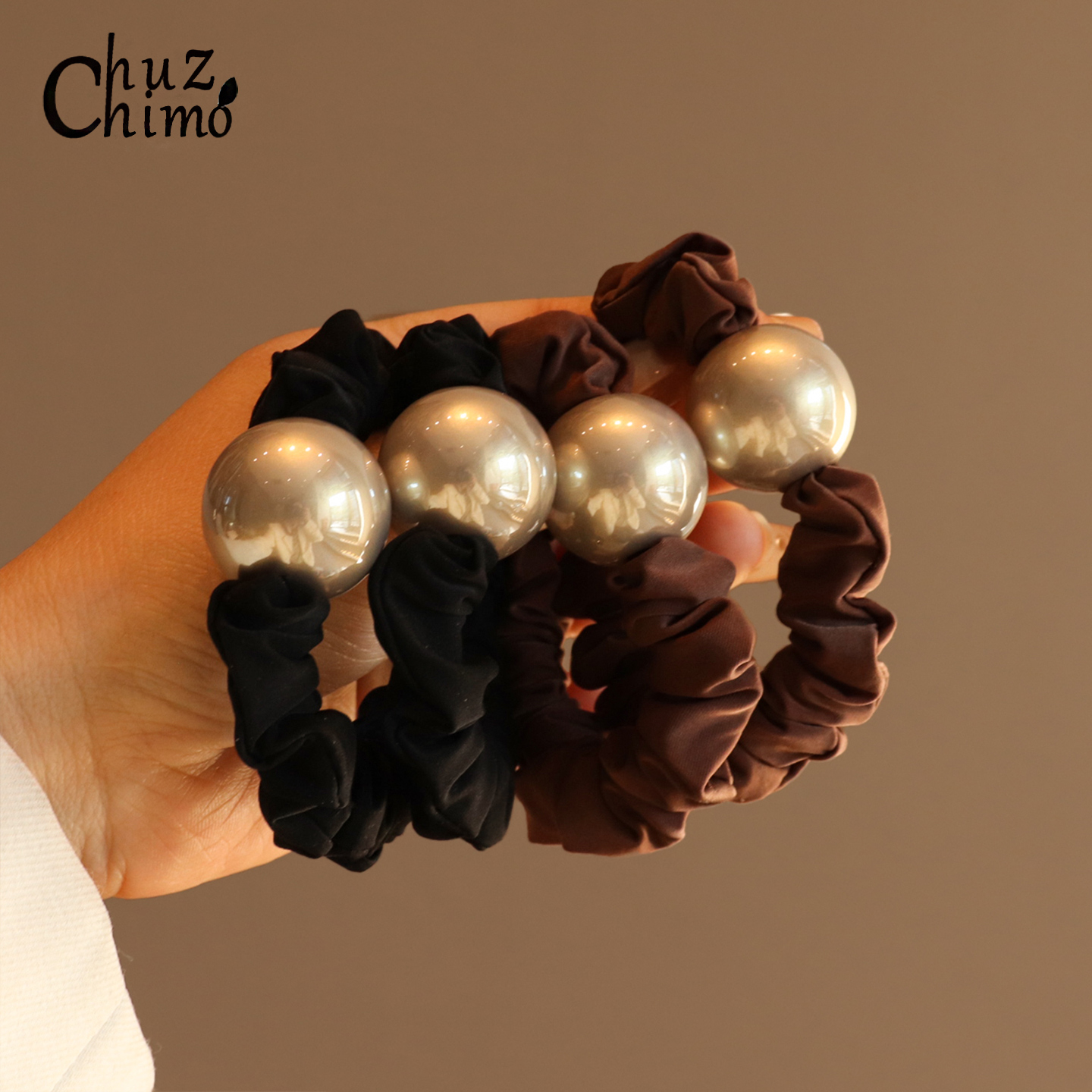 韩版高级感香槟色大珍珠发圈女新款气质简约小香风头绳扎头发皮筋